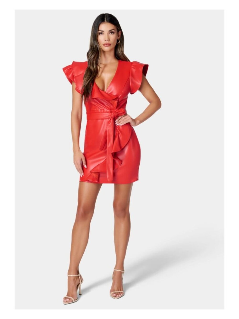 Bebe Ruffle Vegan Leather Dress Red Alert Size Small NWT